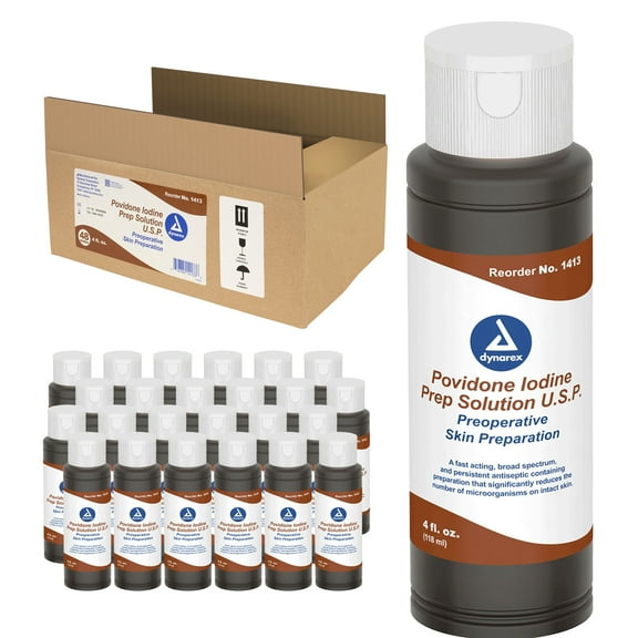 Dynarex Povidone-Iodine Prep Solution, Antiseptic Solution for Skin and Mucosa, Ideal for Surgical Site Preparation, Contains Povidone Iodine 10%, 1 Case of 48 4 fl. oz. Povidone-Iodine Bottles