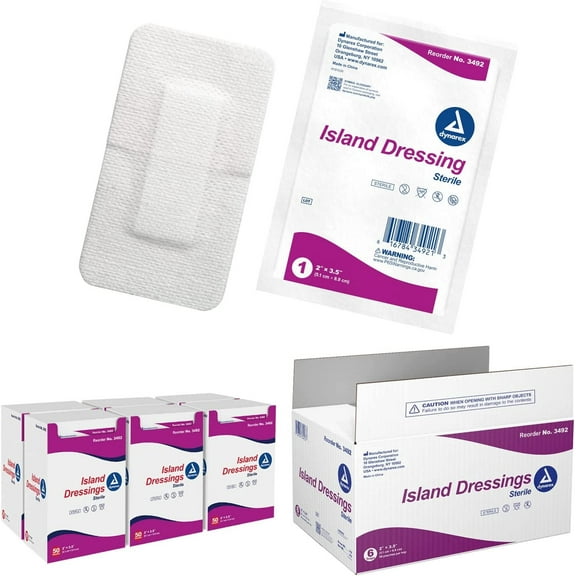 Dynarex Island Dressings  Sterile, Wound or Blister Dressing, Individually Packaged, Highly Absorbent Bandage Dressing, Adhesive Border, White, 2 x 3.5- 6 Boxes of 50 Dressings