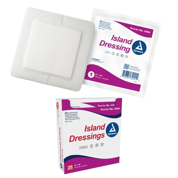 Dynarex Island Dressings  Sterile, Wound or Blister Dressing, Individually Packaged, Highly Absorbent Bandage Dressing, Adhesive Border, White, 6 x 6- 1 Box of 25 Sterile Island Dressings