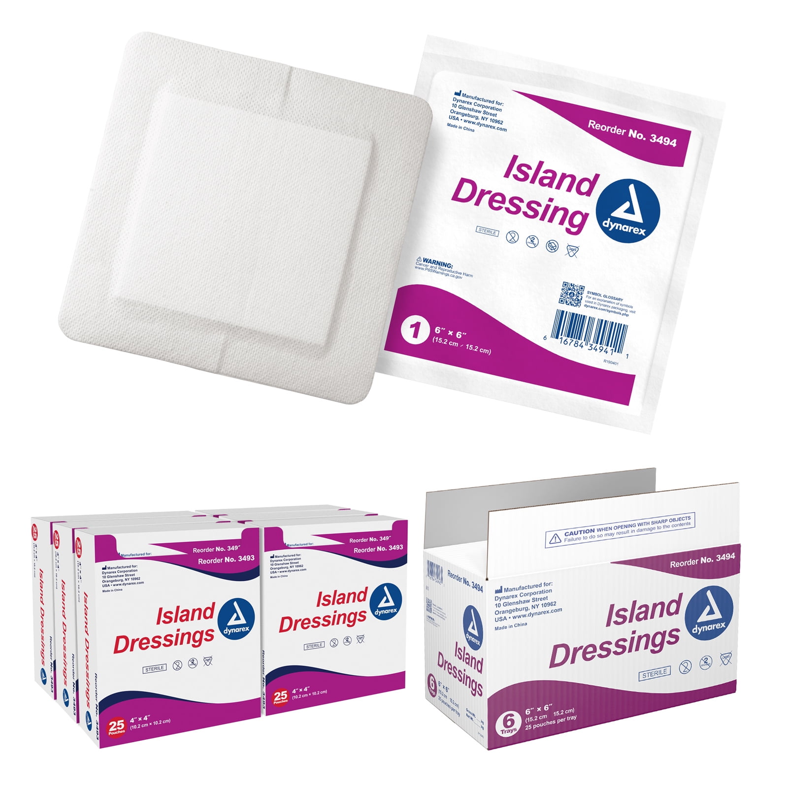 Dynarex Island Dressings – Sterile, Wound or Blister Dressing, Individually Packaged, Highly Absorbent Bandage Dressing, Adhesive Border, White, 6” x 6”-  1 Case of 150 Island Dressings (Sterile)
