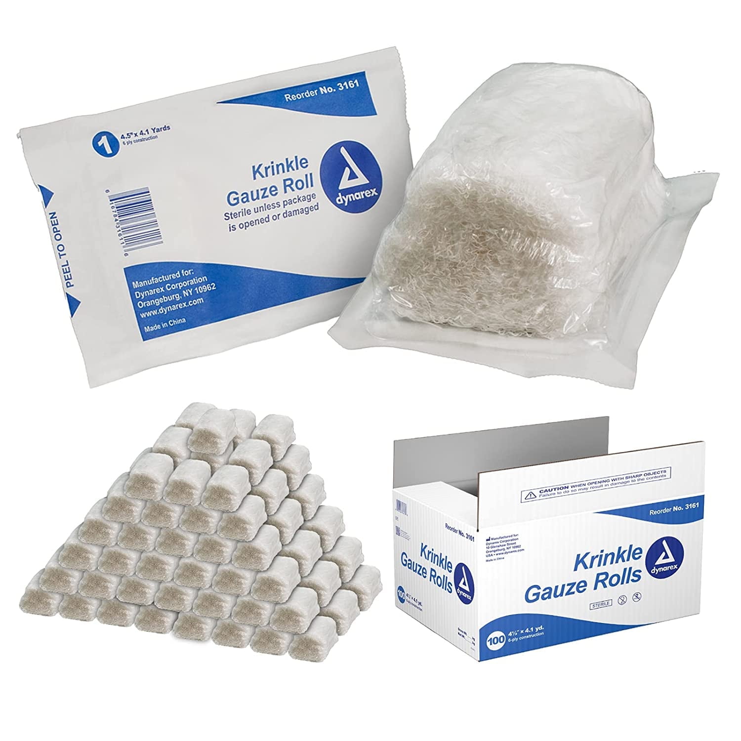 Dynarex Krinkle Sterile Gauze Rolls - Ultra-Absorbent Rolled Bandage Wrap for Wounds - First Aid Kit Supplies - 4.5" x 4.1 Yards, 6-ply - 100 per Case