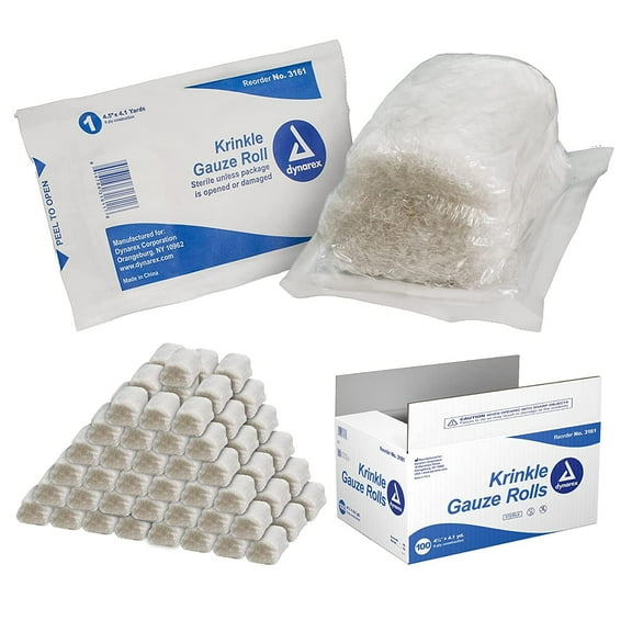 Dynarex Krinkle Sterile Gauze Rolls - Ultra-Absorbent Rolled Bandage Wrap for Wounds - First Aid Kit Supplies - 4.5" x 4.1 Yards, 6-ply - 100 per Case