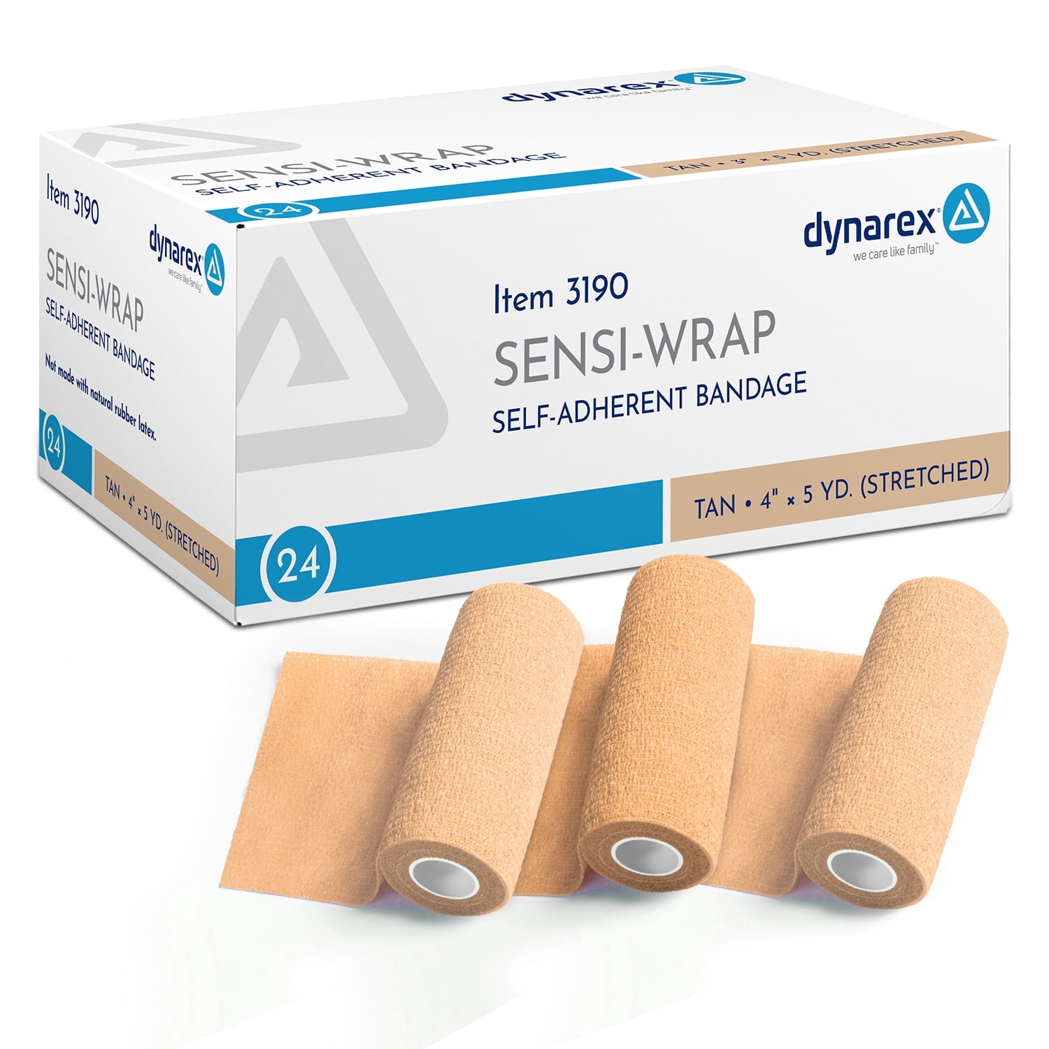 Dynarex Sensi-Wrap Self-Adhesive Bandages, 18-Pack, 4" x 5 yards, Tan, Latex-Free, Colored Elastic Cohesive Athletic Tape, Tattoo Grip & Vet Wrap