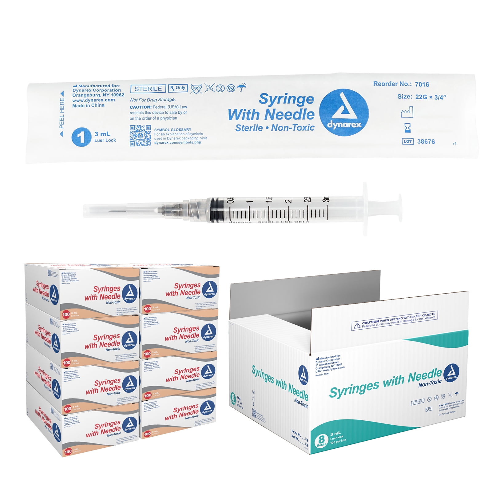 Dynarex Non-Safety Syringes With Needle - Thin-Walled, Double-Beveled Medical Injection Needles - Luer Lock - 3cc, 22G x 3/4" - 1 Case, 8 Boxes of 100