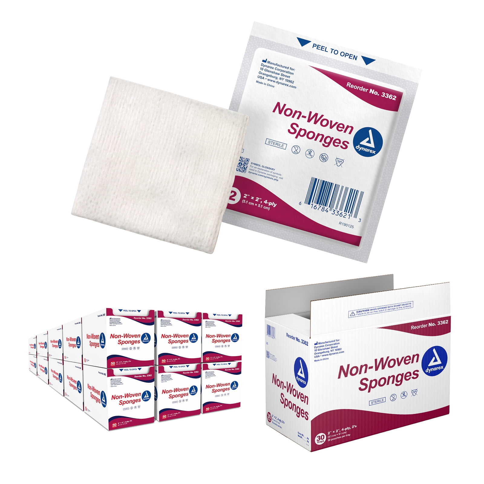 Dynarex Non-Woven Sponges, Sterile Gauze Sponges, for Cleansing, Prepping and Dressing, 2" x 2", 4 Ply, 1 Case of 1500 (30 Boxes of 50)