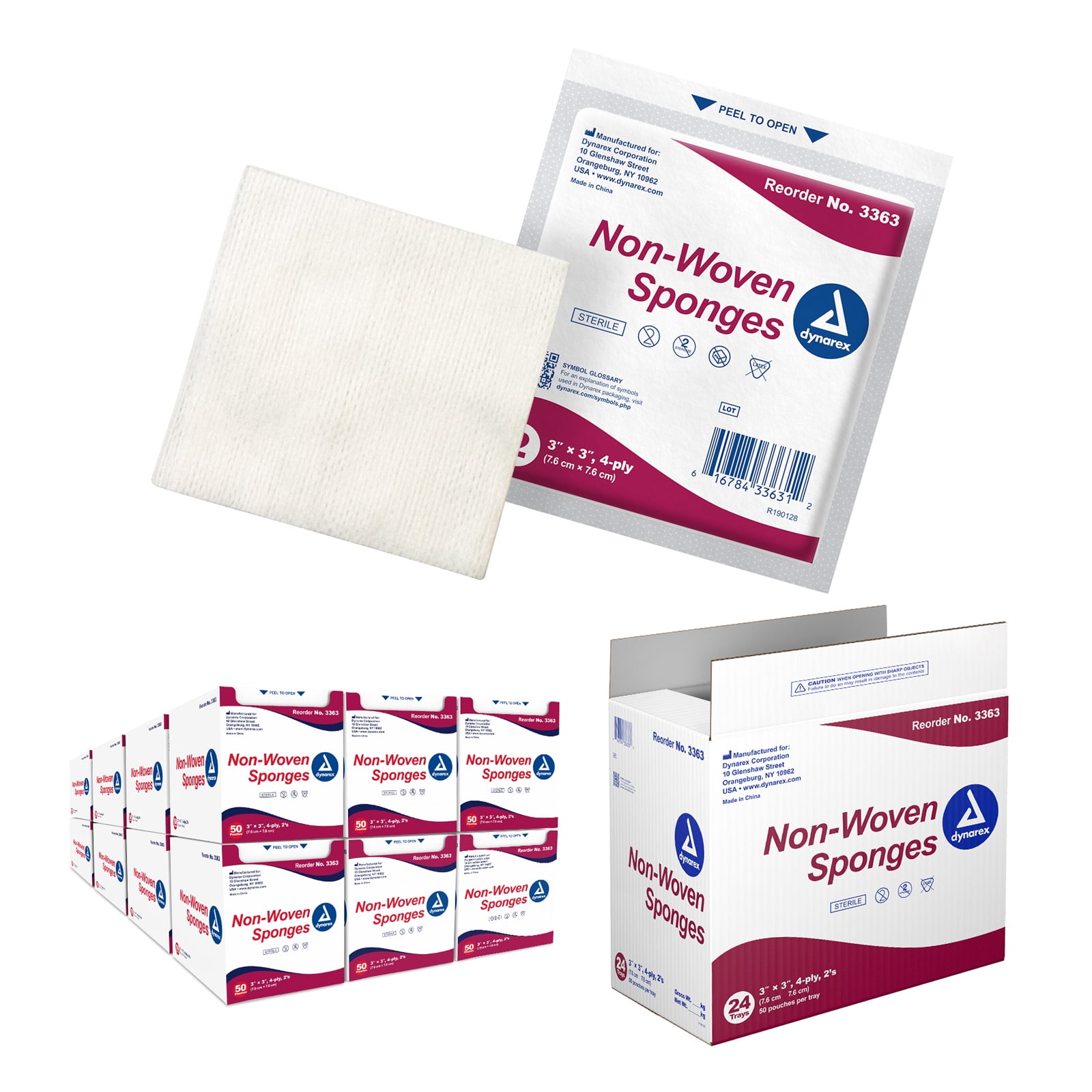 Dynarex Non-Woven Sponges, Sterile, Gauze Sponges, for Cleansing, Prepping and Dressing, 3" x 3", 4 Ply, 1 Case of 1200 (24 Boxes of 50)