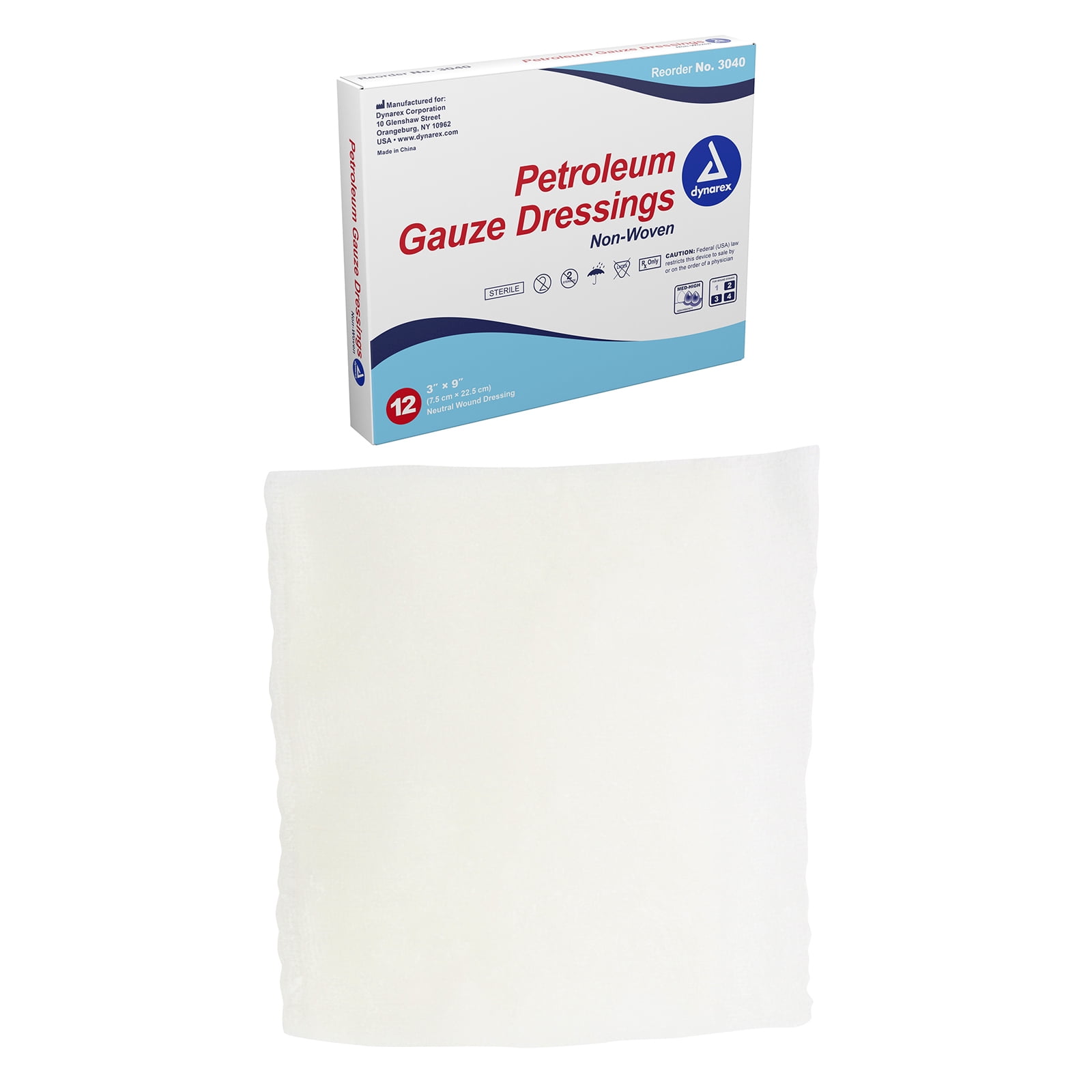 Dynarex Petroleum Gauze Dressings, 3" x 9", Sterile & LatexFree, Non