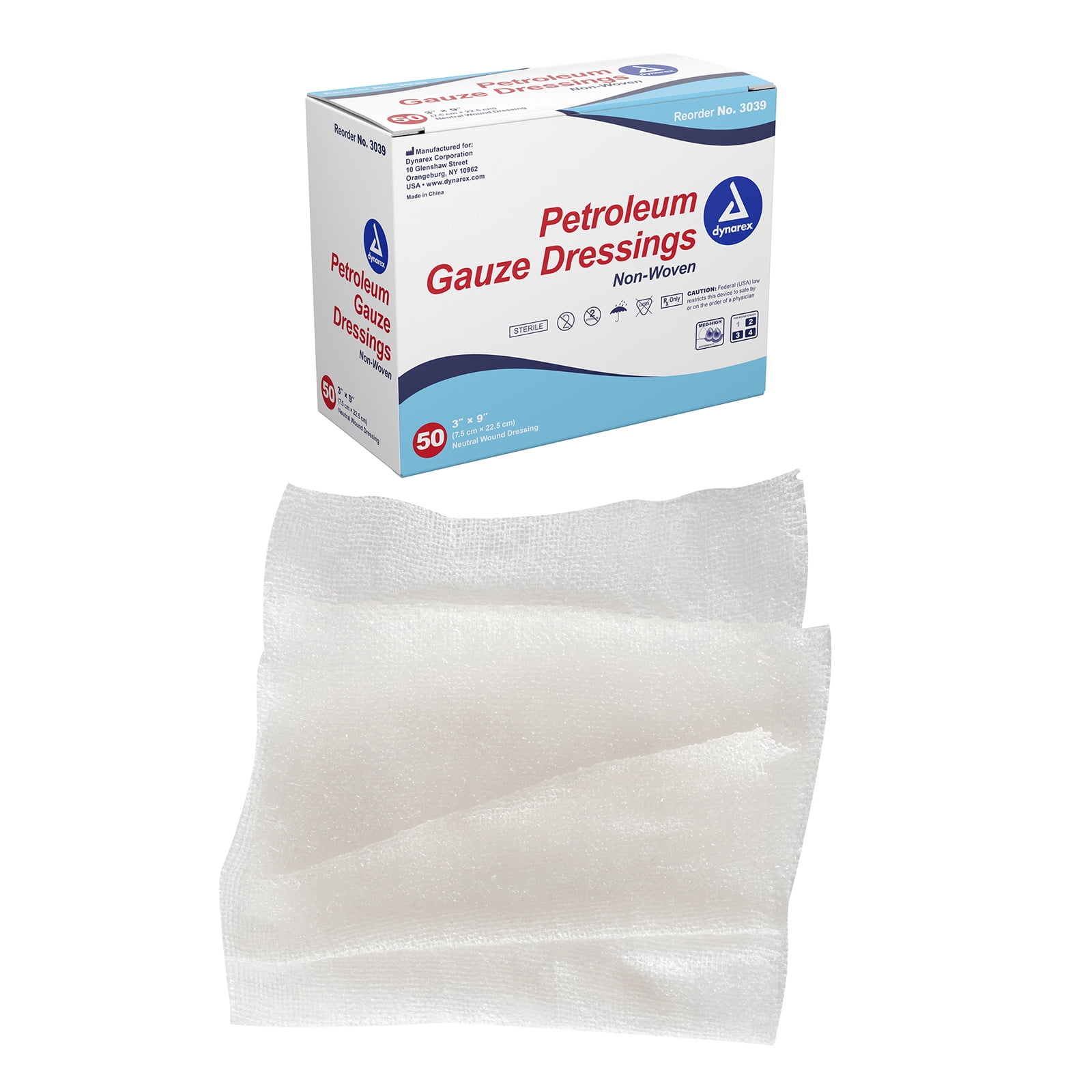 Dynarex Petroleum Gauze Dressings, 3" x 9", Sterile & LatexFree, Non