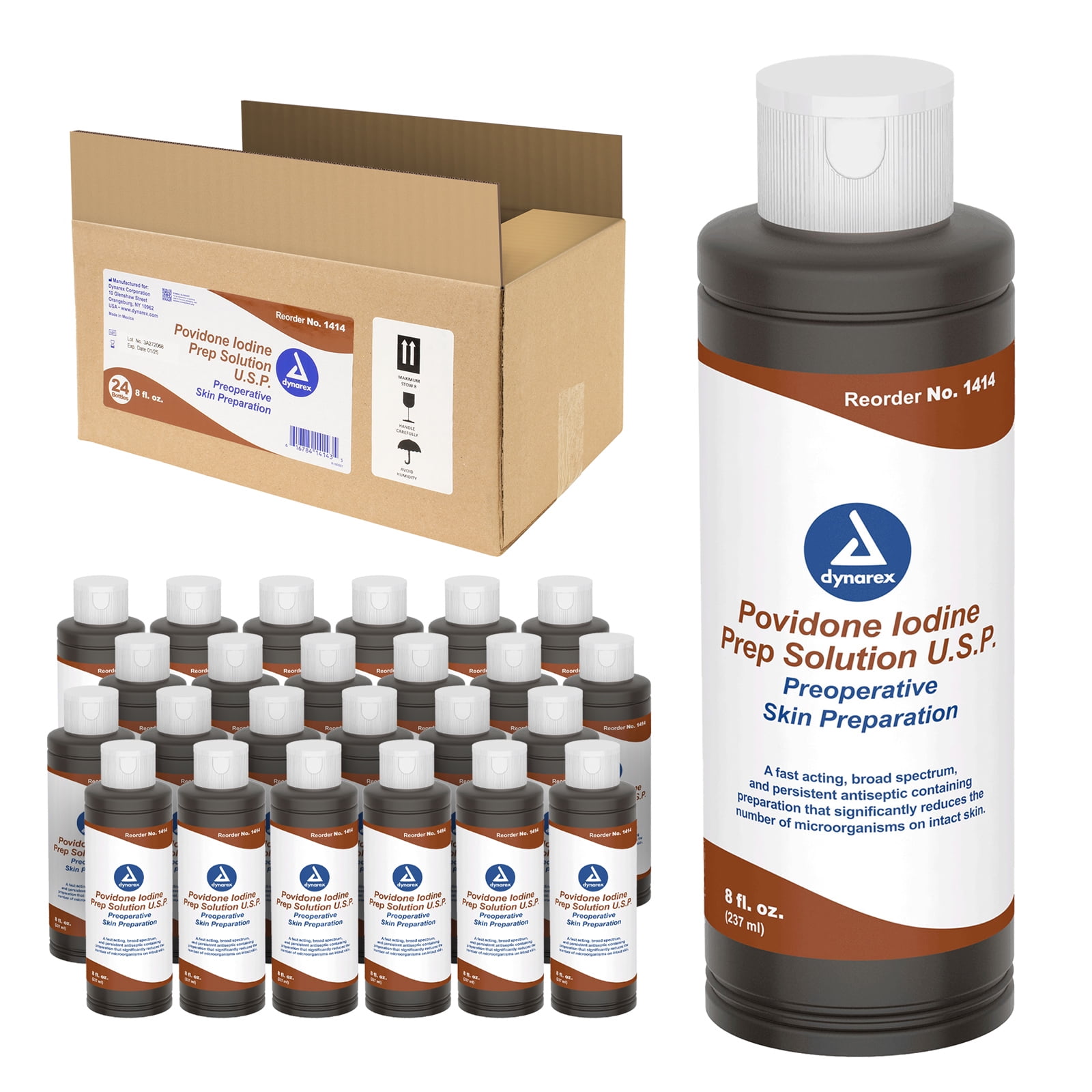 Dynarex Povidone-Iodine Prep Solution, Antiseptic Solution for Skin and Mucosa, Ideal for Surgical Site Preparation, Contains Povidone Iodine 10%,1 Case of 24 8 fl. oz. Povidone-Iodine Bottles