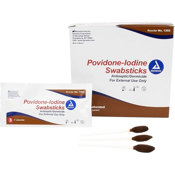 Dynarex Povidone Iodine Swabsticks 10% Povidone Iodine Solution 3 Ct 25 Pack | Brown Swabstick Packaged Individually | Iodine Swabs Antiseptic for Wounds | First Aid Swabs Iodine Wound Cleaner