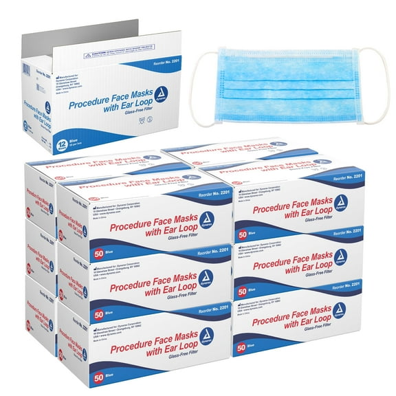 Dynarex Procedure Masks - Triple-Pleated, Blue, No-Glass Filter, Ear Loops & Nose Strip - 50 per Box, 12 Boxes per Case