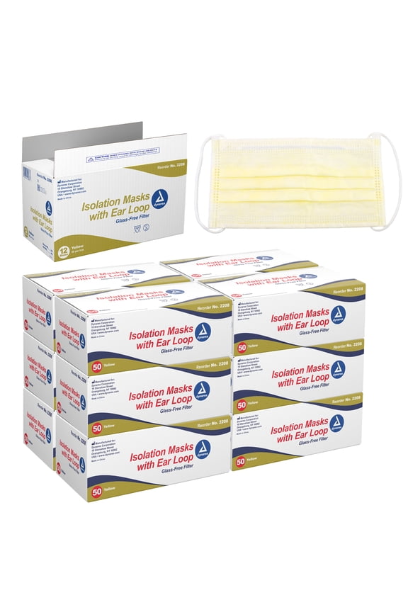 Procedure Masks - Triple-Pleated Surgical Masks with No-Glass Filter, Ear Loops & Nose Strip - Disposable Medical Mask, Face Protection for Hospital - 50 per Box, 12 Boxes per Case - Yellow