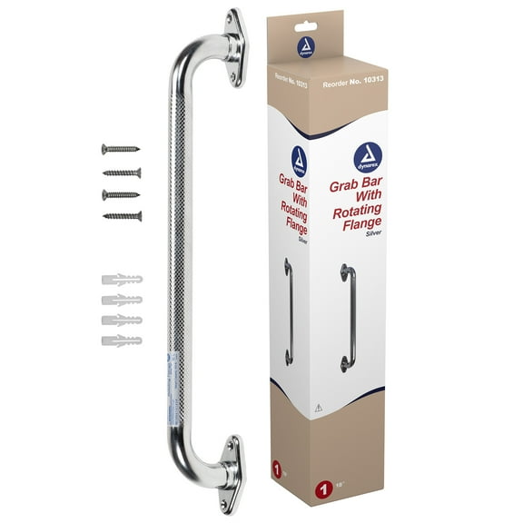 Dynarex Rotating Flange Knurled Grab Bar-18 Inch, Stainless Steel with Textured, Non-Slip Center of the Safety Rail, Weight Capacity of 300 Pounds, Silver, 1 Grab Bar-18 inch
