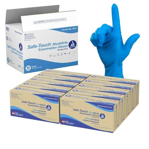 Dynarex Safe-Touch Disposable Nitrile Exam Gloves, Powder-Free, Latex-Free, Touchscreen Friendly, Blue, Small, 1 Case of 1,000 Gloves (10 Boxes of 100 Gloves)