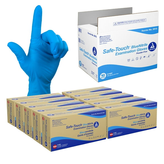 Dynarex Safe-Touch Disposable Nitrile Exam Gloves, Powder-Free, Latex-Free, Touchscreen Friendly & Used by Professionals, Blue, Large, 1 Case of 1000 (10 Boxes of 100/Box)
