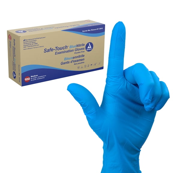 Dynarex Safe-Touch Disposable Nitrile Exam Gloves, Powder-Free, Latex-Free, Touchscreen Friendly & Used by Professionals, Blue, Medium, 1 Box of 100 Gloves