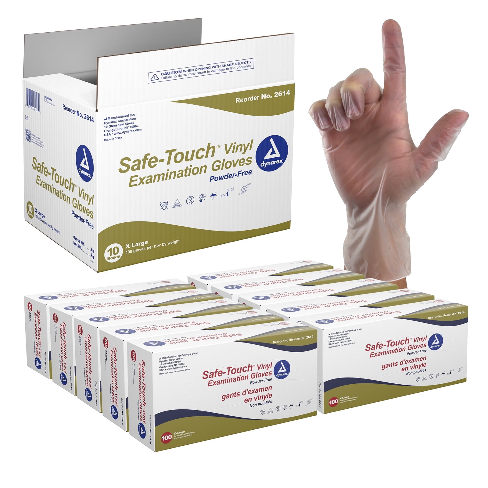 Dynarex Safe-Touch Vinyl Disposable Exam Gloves, Powder-Free, Food Safety and Compliance, Ambidextrous, Clear, Extra Large, 1 Case of 1000 Gloves (10 Boxes of 100 Gloves)