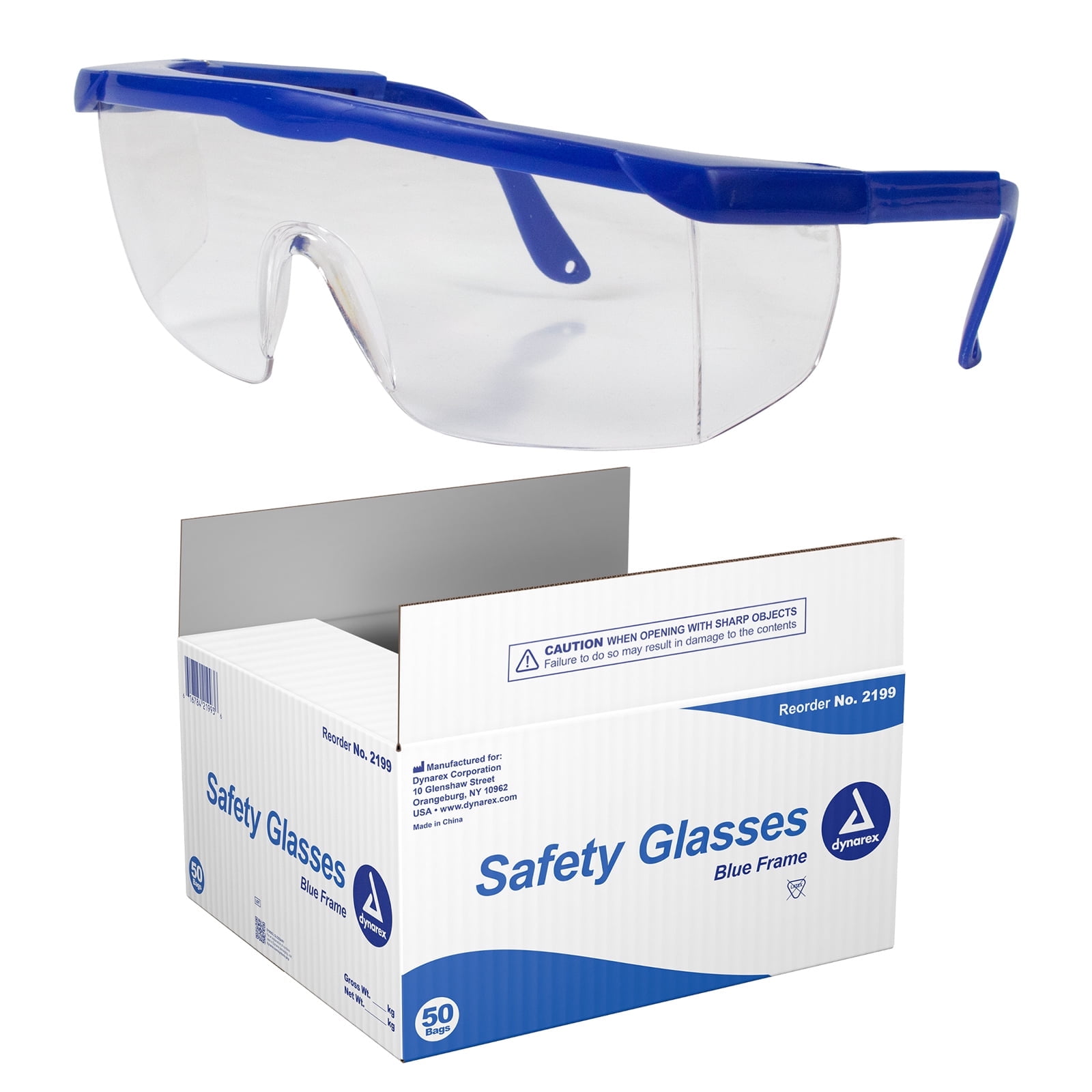 Dynarex Safety Glasses - Eye Protection for Medical, Dental, Lab Use - Shields Eyes From Dust, Chemical & Particles - Wraparound Frames, Wide-View Optical Lens, Short Side Shields - Blue, 50-Count