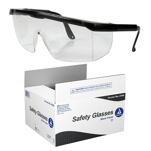 Dynarex Safety Glasses - Eye Protection for Medical, Dental, Lab Use - Wraparound Frames, Wide-View Optical Lens, Short Side Shields - Black, 50-Count