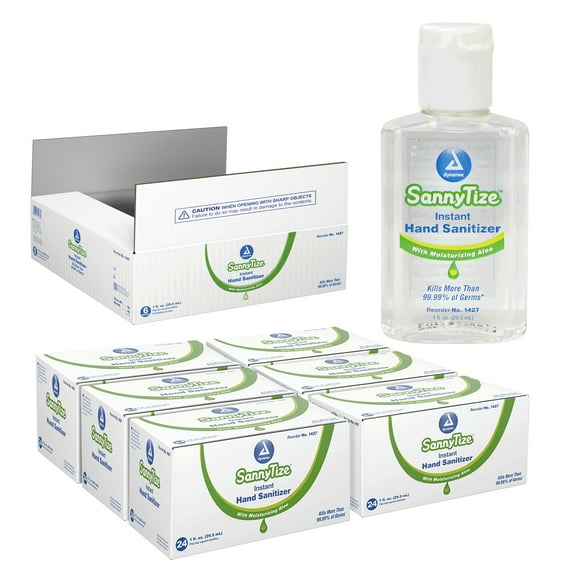 Dynarex SannyTize Hand Sanitizer Gel 1 oz. Square Bottle, Hand Sanitizer Gel Infused with Aloe Vera & Eliminates 99% of Common Germs, Clear - 1 Case, 6 Boxes of 24 Bottles