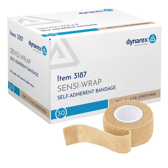 Dynarex Sensi-Wrap Self-Adhesive Bandages, 30-Pack, 1" x 5 yards, Tan, Latex-Free, Colored Elastic Cohesive Athletic Tape, Tattoo Grip & Vet Wrap