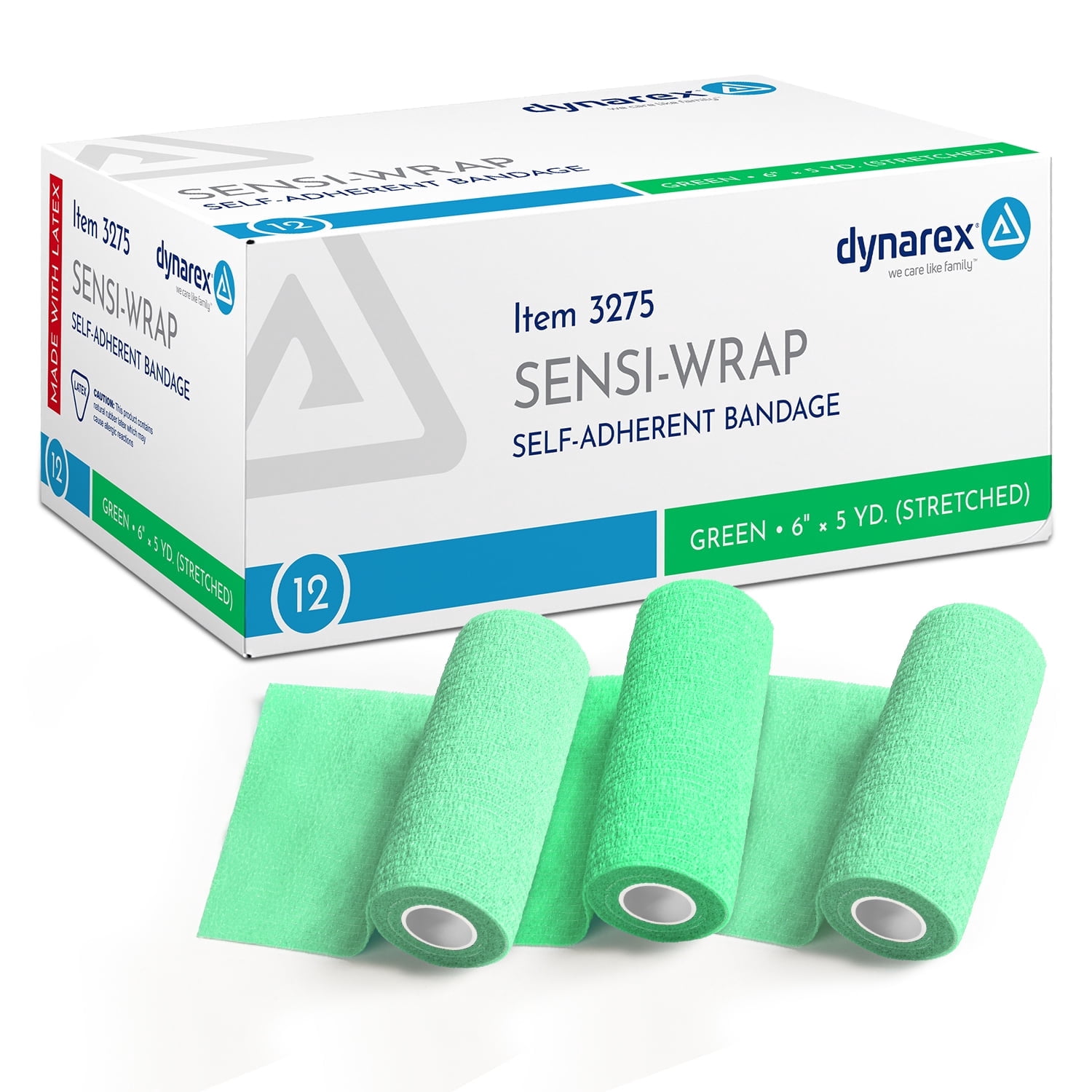 Dynarex Sensi-Wrap Self-Adhesive Bandages, 12-Pack, 6" x 5 yards, Green, Latex, Colored Elastic Cohesive Athletic Tape, Tattoo Grip & Vet Wrap