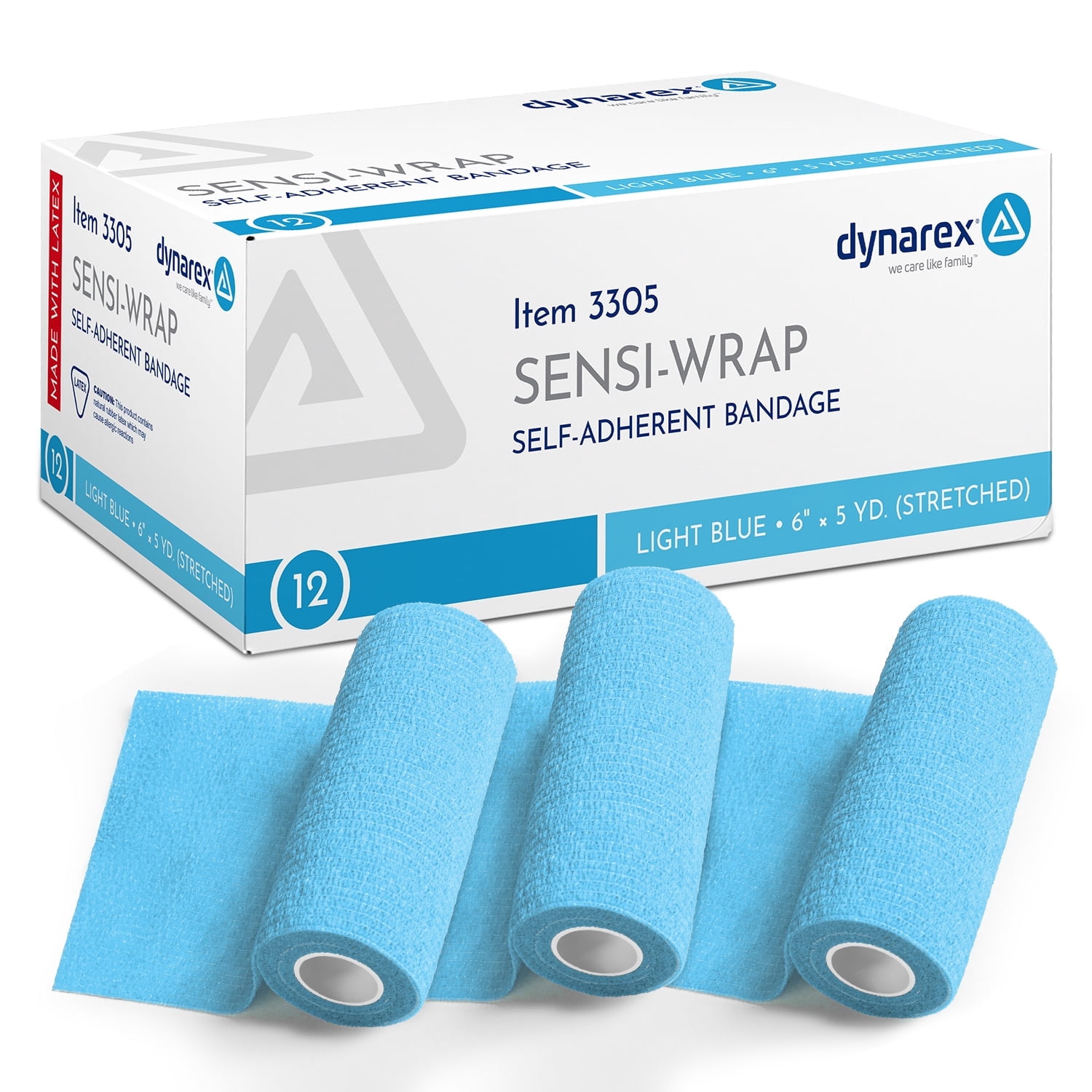 Dynarex Sensi-Wrap Self-Adhesive Bandages, 12-Pack, 6" x 5 yards, Light Blue, Latex, Colored Elastic Cohesive Athletic Tape, Tattoo Grip & Vet Wrap