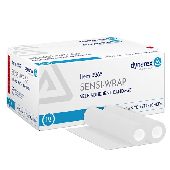 Dynarex Sensi-Wrap Self-Adhesive Bandages, 12-Pack, 6" x 5 yards, White, Latex, Colored Elastic Cohesive Athletic Tape, Tattoo Grip & Vet Wrap