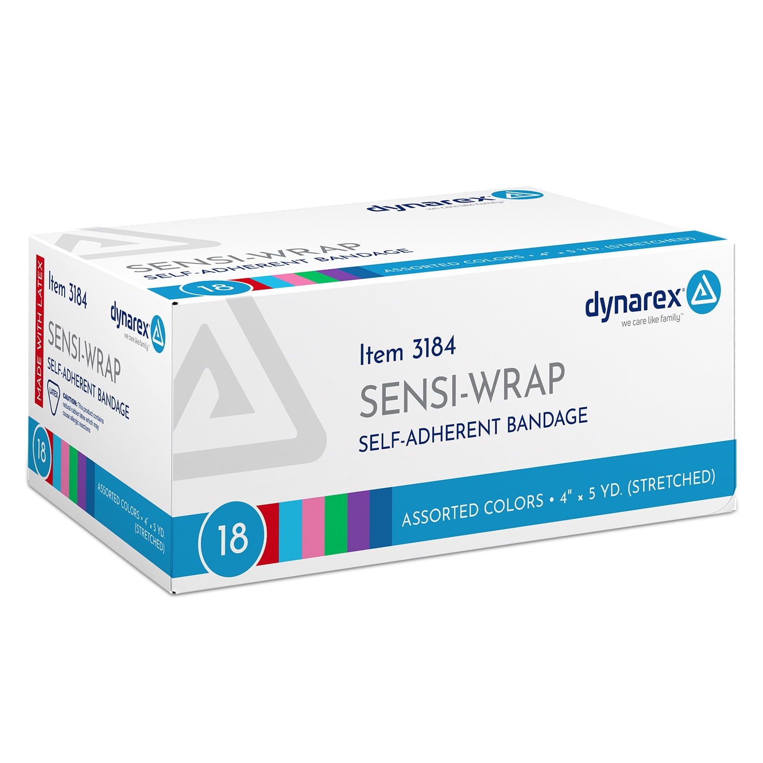 Dynarex Sensi-Wrap Self-Adhesive Bandages, 18-Pack, 4" x 5 yards, Assorted Colors, Latex, Colored Elastic Cohesive Athletic Tape, Tattoo Grip & Vet Wrap