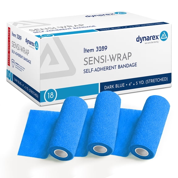 Dynarex Sensi-Wrap Self-Adhesive Bandages, 18-Pack, 4" x 5 yards, Dark Blue, Latex, Colored Elastic Cohesive Athletic Tape, Tattoo Grip & Vet Wrap