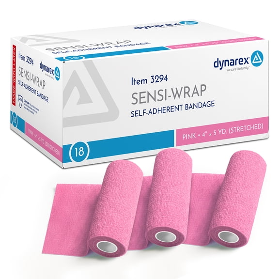Dynarex Sensi-Wrap Self-Adhesive Bandages, 18-Pack, 4" x 5 yards, Pink, Latex, Colored Elastic Cohesive Athletic Tape, Tattoo Grip & Vet Wrap