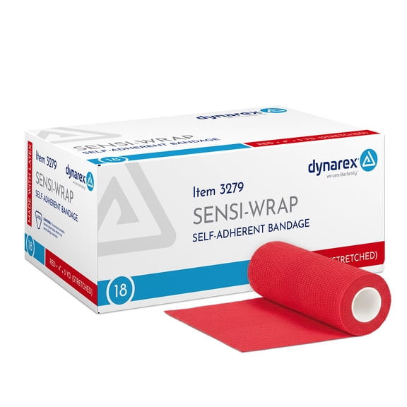 Dynarex Sensi-Wrap Self-Adhesive Bandages, 18-Pack, 4" x 5 yards, Red, Latex, Colored Elastic Cohesive Athletic Tape, Tattoo Grip & Vet Wrap