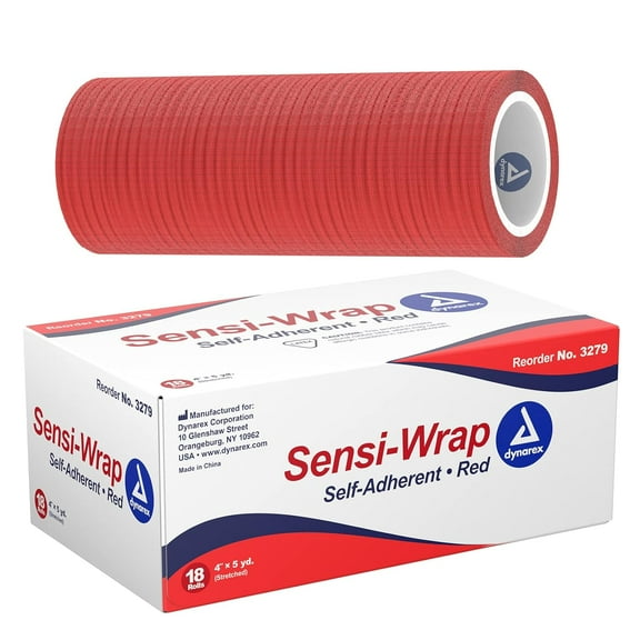 Dynarex Sensi Wrap, 18 Pack of Self Adhesive Bandage Wrap, 4"x 5 Yards, Red Color, Elastic Cohesive Bandage Wrap, Color Athletic Tape, Vet Wrap, Ankle Tape, Tattoo Grip Tape Wrap