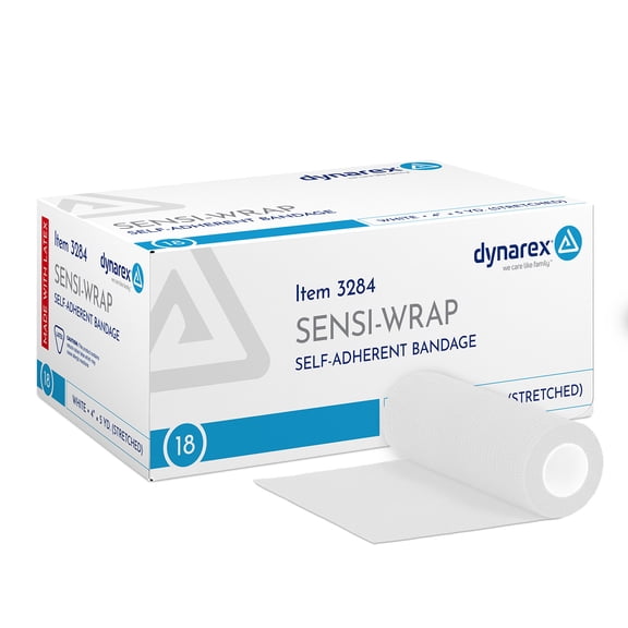 Dynarex Sensi-Wrap Self-Adhesive Bandages, 18-Pack, 4" x 5 yards, White, Latex, Colored Elastic Cohesive Athletic Tape, Tattoo Grip & Vet Wrap