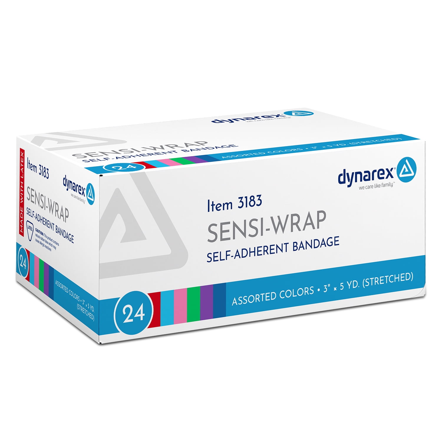 Dynarex Sensi-Wrap Self-Adhesive Bandages, 24-Pack, 3" x 5 yards, Assorted Colors, Latex, Colored Elastic Cohesive Athletic Tape, Tattoo Grip & Vet Wrap