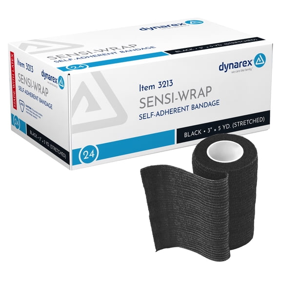 Dynarex Sensi-Wrap Self-Adhesive Bandages, 24-Pack, 3" x 5 yards, Black, Latex, Colored Elastic Cohesive Athletic Tape, Tattoo Grip & Vet Wrap