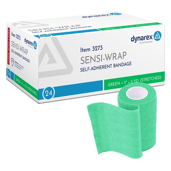 Dynarex Sensi-Wrap Self-Adhesive Bandages, 24-Pack, 3" x 5 yards, Green, Latex, Colored Elastic Cohesive Athletic Tape, Tattoo Grip & Vet Wrap
