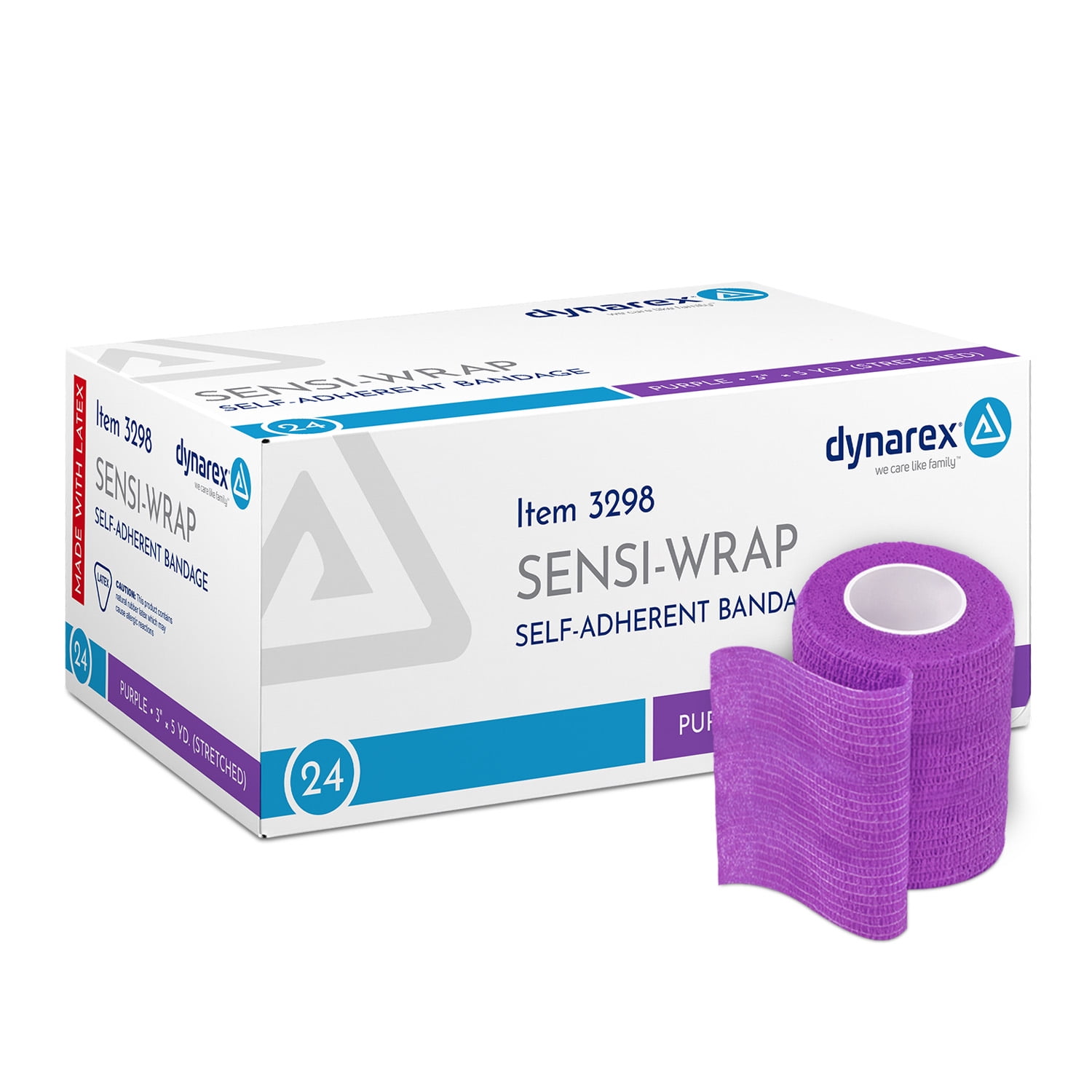 Dynarex Sensi-Wrap Self-Adhesive Bandages, 24-Pack, 3" x 5 yards, Purple, Latex, Colored Elastic Cohesive Athletic Tape, Tattoo Grip & Vet Wrap