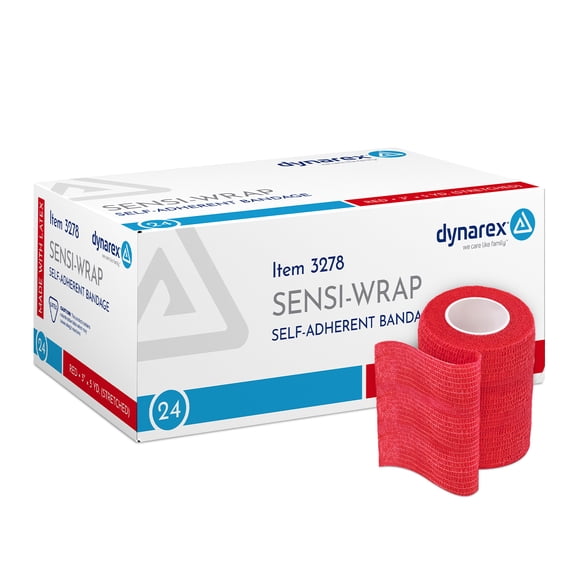 Dynarex Sensi-Wrap Self-Adhesive Bandages, 24-Pack, 3" x 5 yards, Red, Latex, Colored Elastic Cohesive Athletic Tape, Tattoo Grip & Vet Wrap