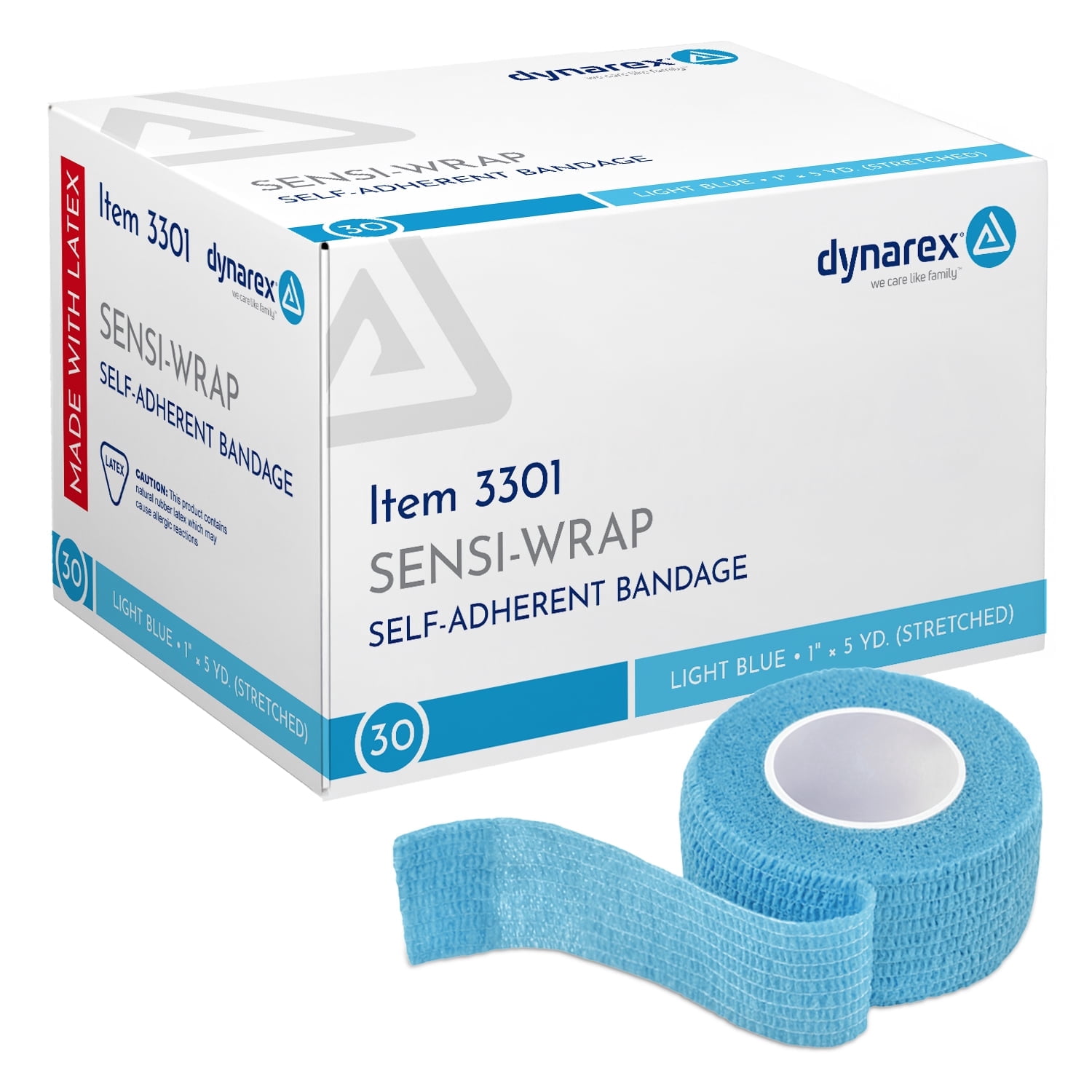 Dynarex Sensi-Wrap Self-Adhesive Bandages, 30-Pack, 1" x 5 yards, Light Blue, Latex, Colored Elastic Cohesive Athletic Tape, Tattoo Grip & Vet Wrap