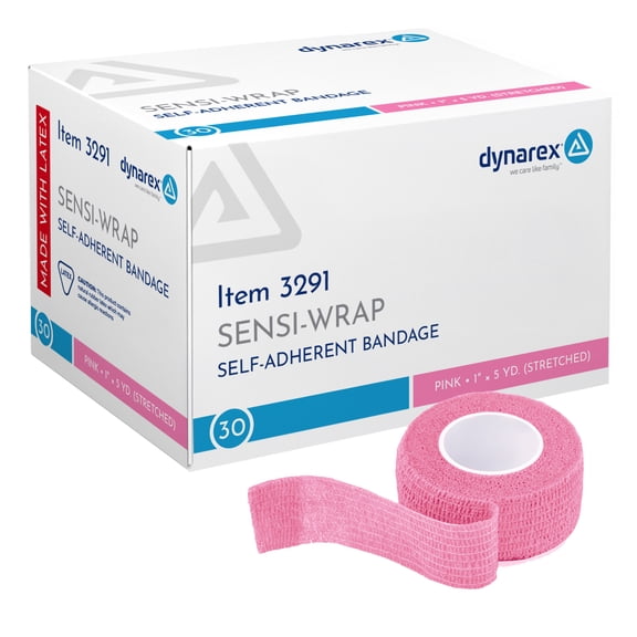 Dynarex Sensi-Wrap Self-Adhesive Bandages, 30-Pack, 1" x 5 yards, Pink, Latex, Colored Elastic Cohesive Athletic Tape, Tattoo Grip & Vet Wrap