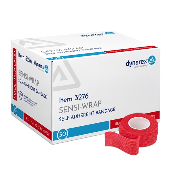 Dynarex Sensi-Wrap Self-Adhesive Bandages, 30-Pack, 1" x 5 yards, Red, Latex, Colored Elastic Cohesive Athletic Tape, Tattoo Grip & Vet Wrap