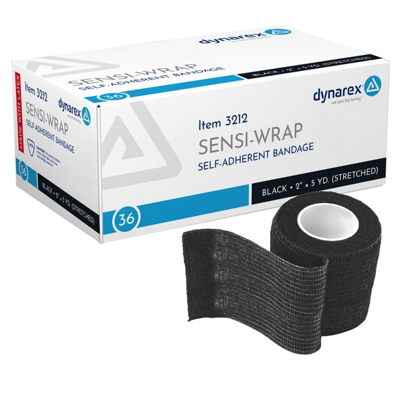 Dynarex Sensi-Wrap Self-Adhesive Bandages, 36-Pack, 2" x 5 yards, Black, Latex, Colored Elastic Cohesive Athletic Tape, Tattoo Grip & Vet Wrap