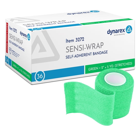 Dynarex Sensi-Wrap Self-Adhesive Bandages, 36-Pack, 2" x 5 yards, Green, Latex, Colored Elastic Cohesive Athletic Tape, Tattoo Grip & Vet Wrap