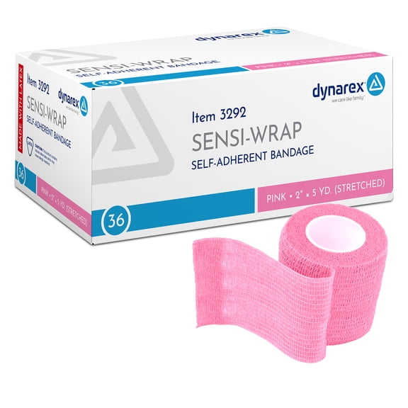 Dynarex Sensi-Wrap Self-Adhesive Bandages, 36-Pack, 2" x 5 yards, Pink, Latex, Colored Elastic Cohesive Athletic Tape, Tattoo Grip & Vet Wrap