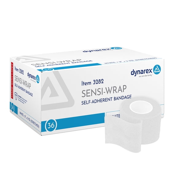 Dynarex Sensi-Wrap Self-Adhesive Bandages, 36-Pack, 2" x 5 yards, White, Latex, Colored Elastic Cohesive Athletic Tape, Tattoo Grip & Vet Wrap