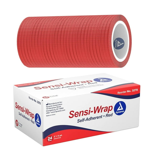 Dynarex Sensi Wrap, 24 Pack of Self Adhesive Bandage Wrap, 3"x 5 Yards, Red Color, Elastic Cohesive Bandage Wrap, Color Athletic Tape, Vet Wrap, Ankle Tape, Tattoo Grip Tape Wrap
