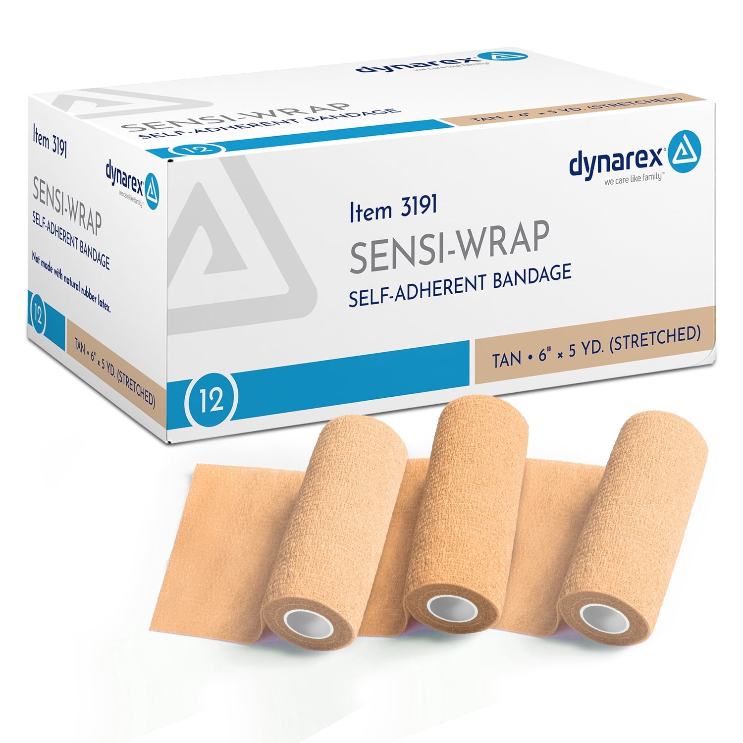 Dynarex Sensi-Wrap Self-Adhesive Bandages, 12-Pack, 6" x 5 yards, Tan, Latex-Free, Colored Elastic Cohesive Athletic Tape, Tattoo Grip & Vet Wrap