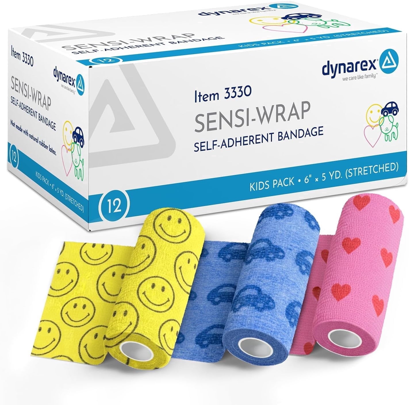 Dynarex Sensi-Wrap Self-Adhesive Bandages, 12-Pack, 6" x 5 yards, Assorted Colors - for Kids, Latex-Free, Colored Elastic Cohesive Athletic Tape, Tattoo Grip & Vet Wrap