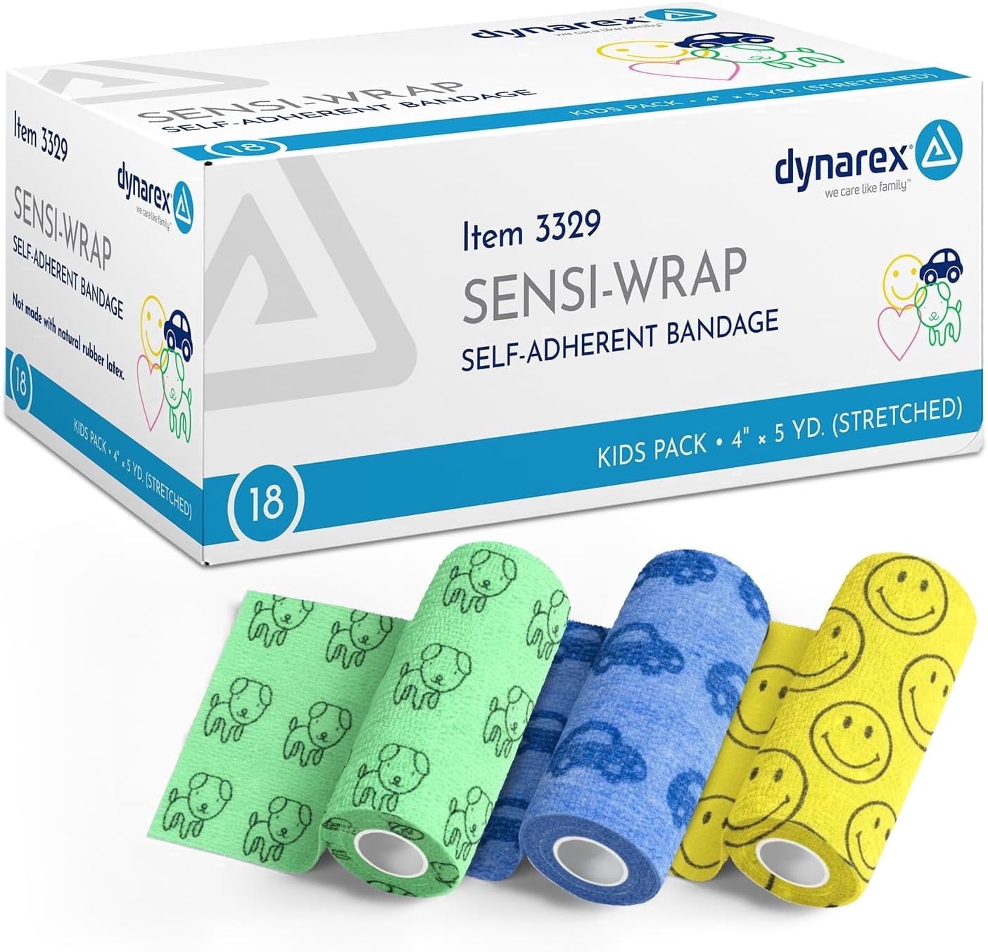 Dynarex Sensi-Wrap Self-Adhesive Bandages, 18-Pack, 4" x 5 yards, Assorted Colors - for Kids, Latex-Free, Colored Elastic Cohesive Athletic Tape, Tattoo Grip & Vet Wrap